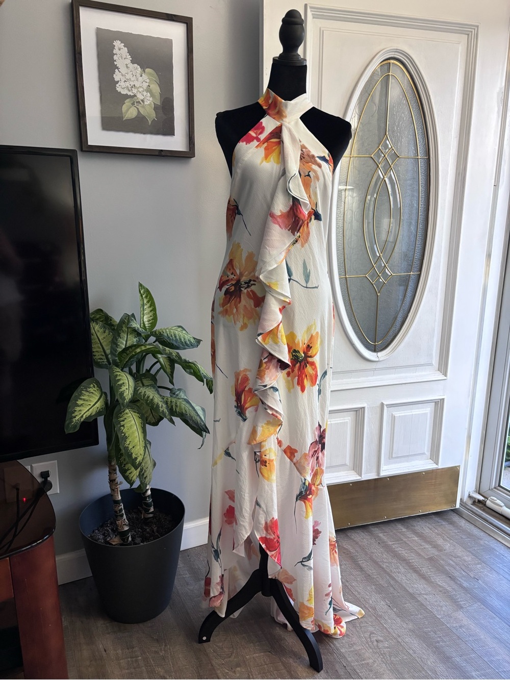 Premier Floral Halter Maxi Dress in White with Orange & Pink Blooms
